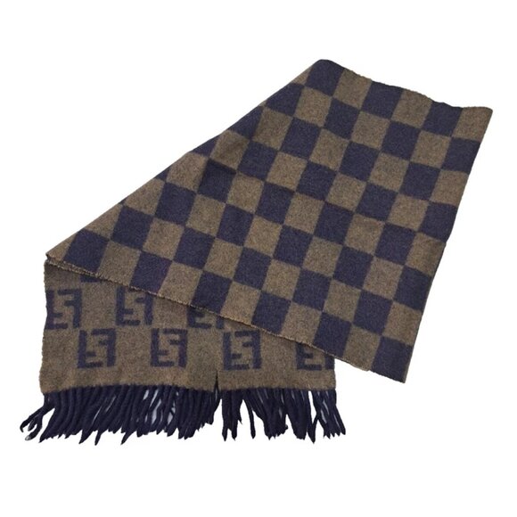 FENDI Check Monogram Knit Wool FF Geometric Pattern Mafla Fringe Brown SCARF - Picture 1 of 6